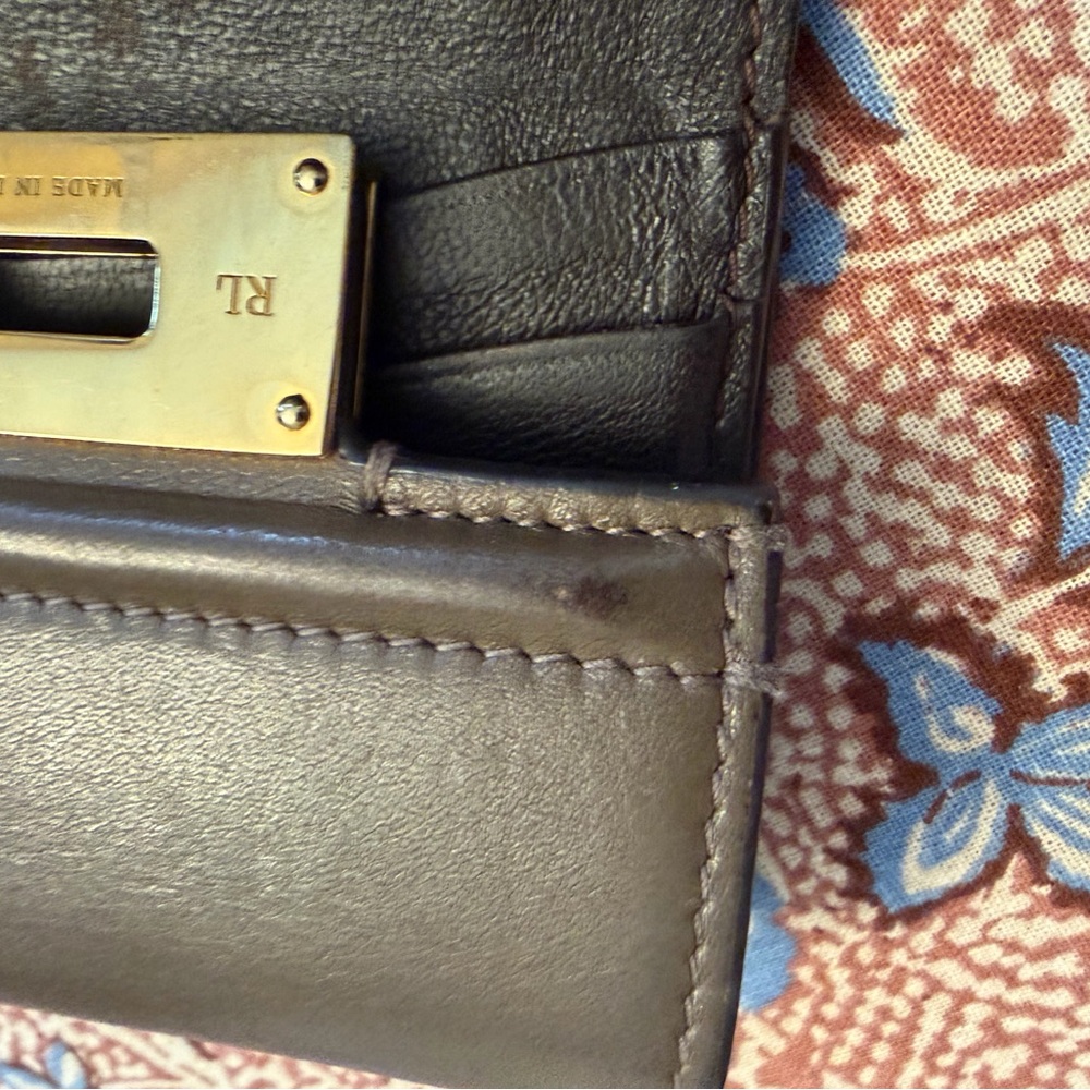 Warm Taupe Genuine Leather Ralph Lauren Tri-Fold Wallet with Gold Closure - Picture 6 of 6